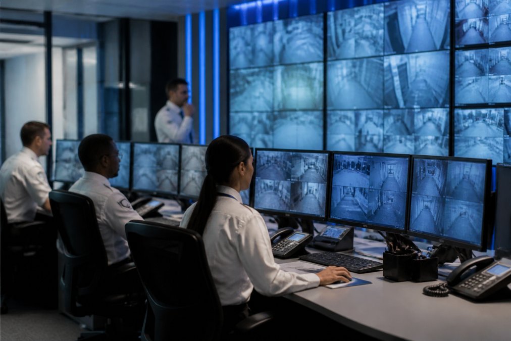 Professional security team monitoring multiple integrated surveillance camera feeds and access control systems on unified dashboard displays in modern control room with blue-tinted lighting