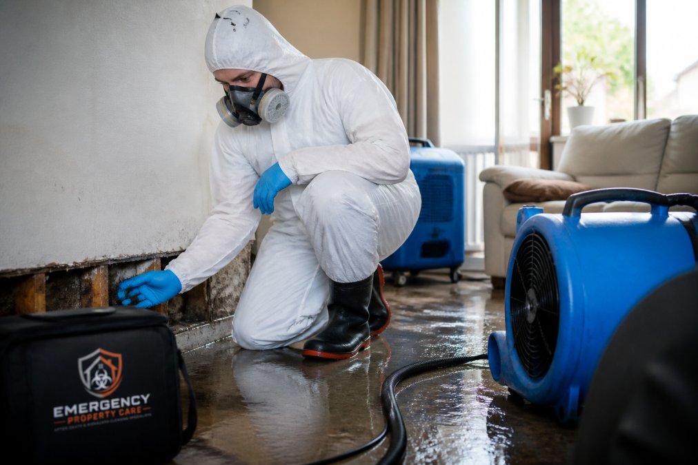 A technician in full protective coveralls, gloves and respirator assessing water damage in a residential living room, with industrial drying equipment visible