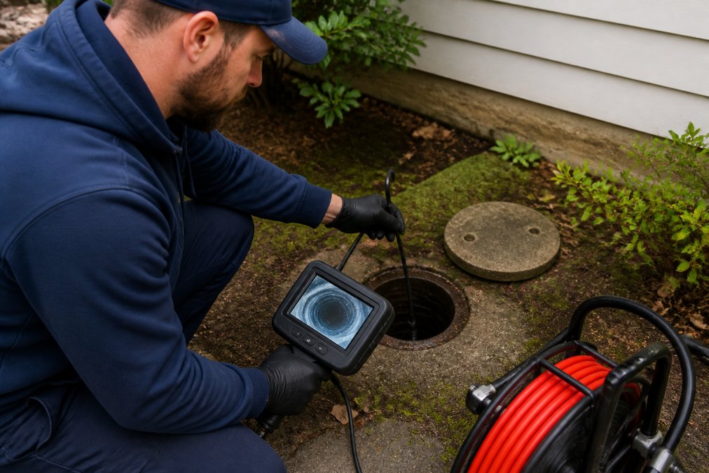Licensed plumber inserting video inspection camera into sewer clean-out access point in residential yard, holding monitoring equipment showing live feed of pipe interior
