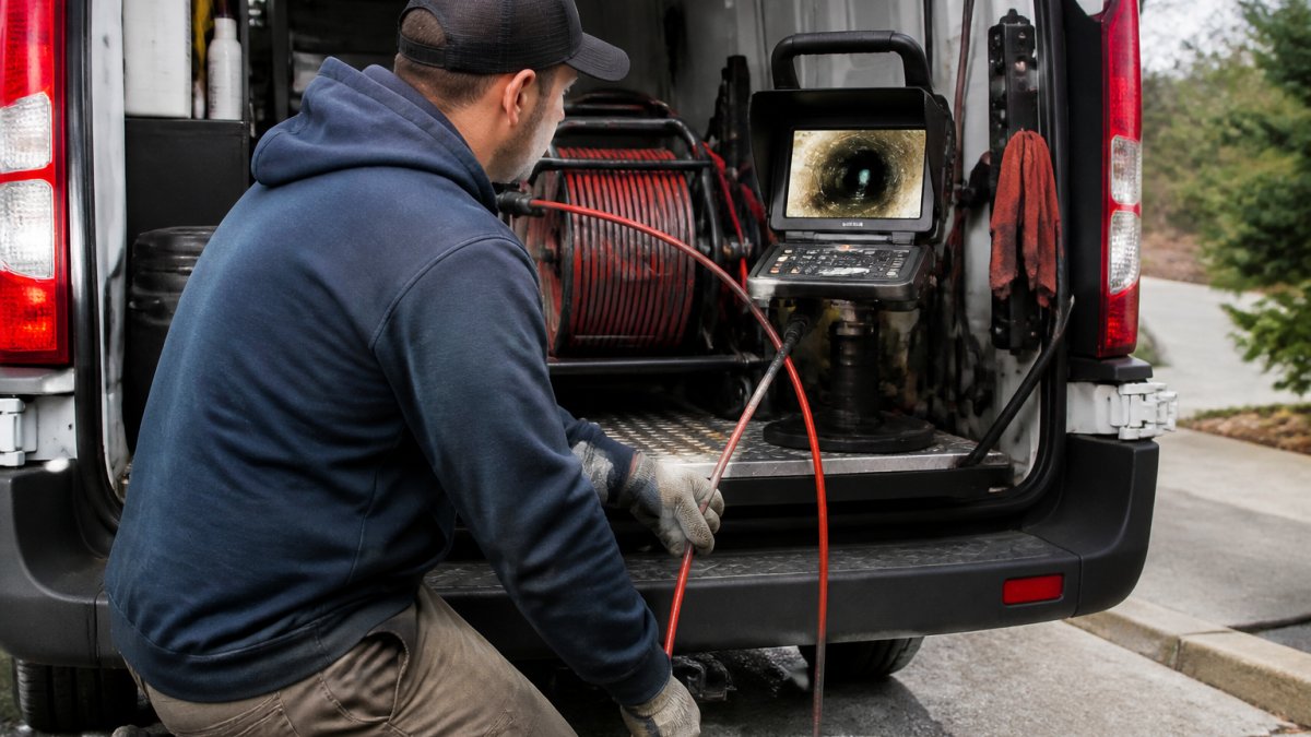 Professional inspector operating sewer camera equipment with monitor displaying real-time video footage of pipe interior in service truck