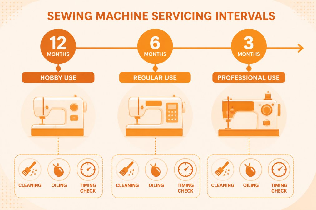 Timeline showing recommended servicing intervals: hobby use every 12 months, regular use every 6 months, professional use every 3 months, with cleaning, oiling and timing checks marked at each stage