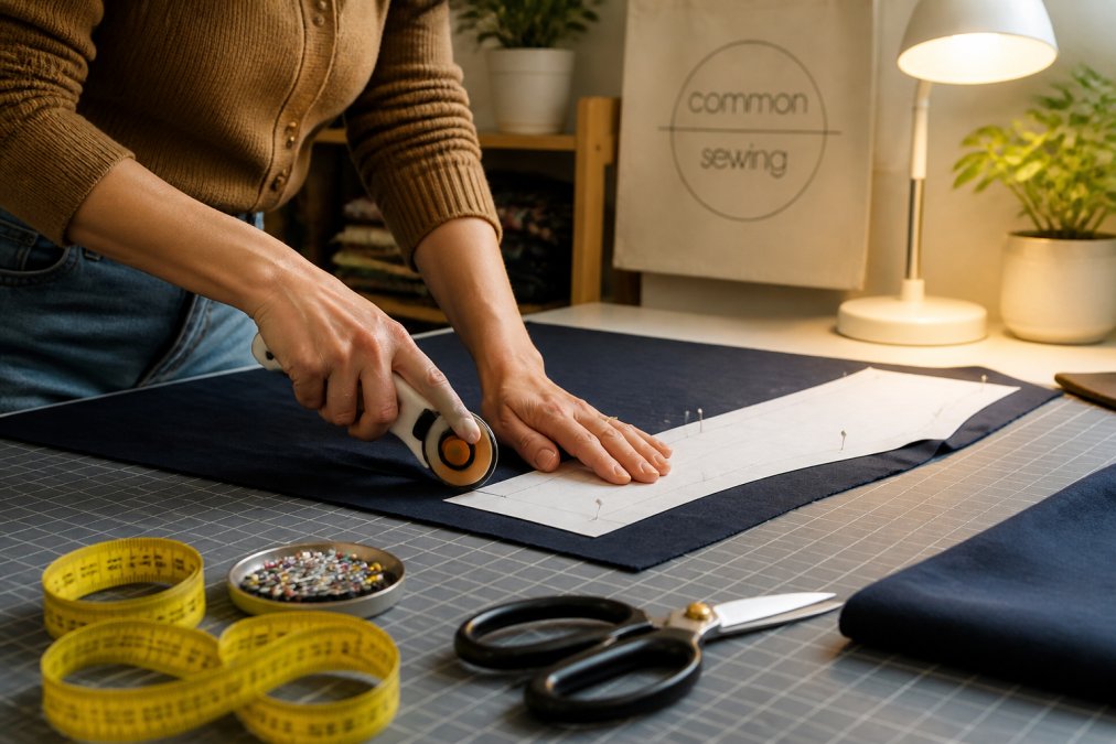 Hands using a rotary cutter on fabric with sewing tools to improve sewing skills at home