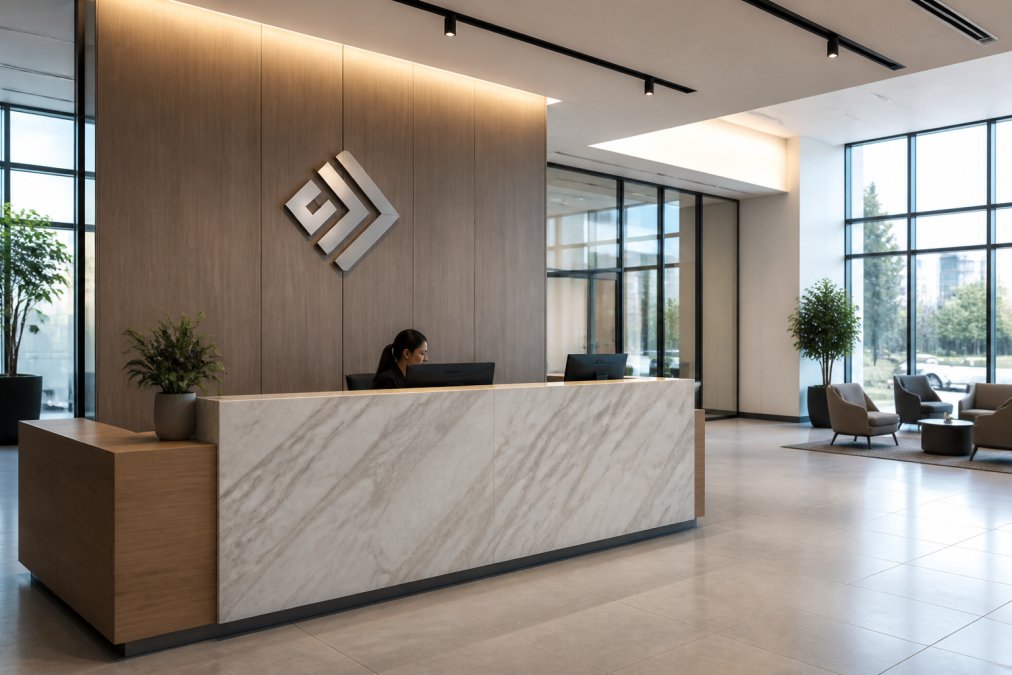 Modern office lobby with branded reception desk, company logo prominently displayed on wall above sleek desk, professional environment with clean architectural lines and corporate aesthetic, natural lighting from large windows