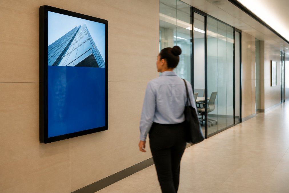 Illuminated digital display screen mounted in corporate office hallway showing company messaging and wayfinding information with employee walking past the display in professional office environment