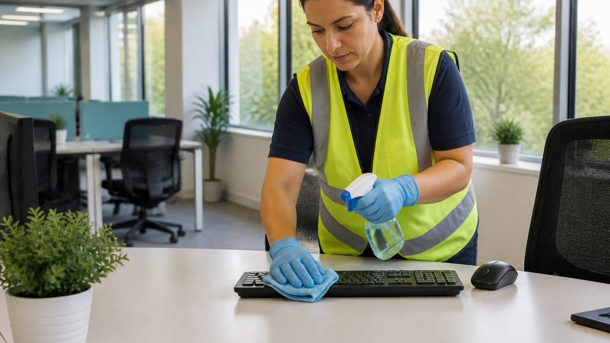 Professional cleaner in high-visibility vest sanitising a shared office desk and keyboard with disinfectant spray and microfibre cloth, natural office lighting from windows visible