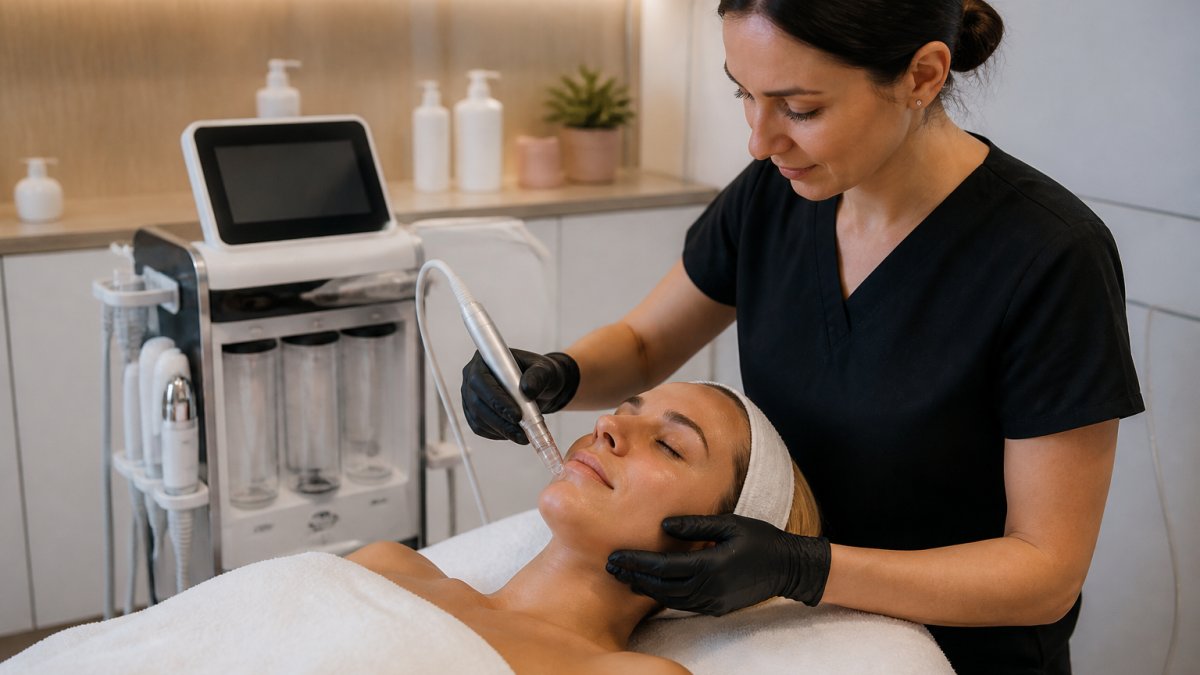 Professional esthetician operating a facial machine on a client in a modern spa treatment room, with soft warm lighting and the device's digital display visible, showing the device in active use