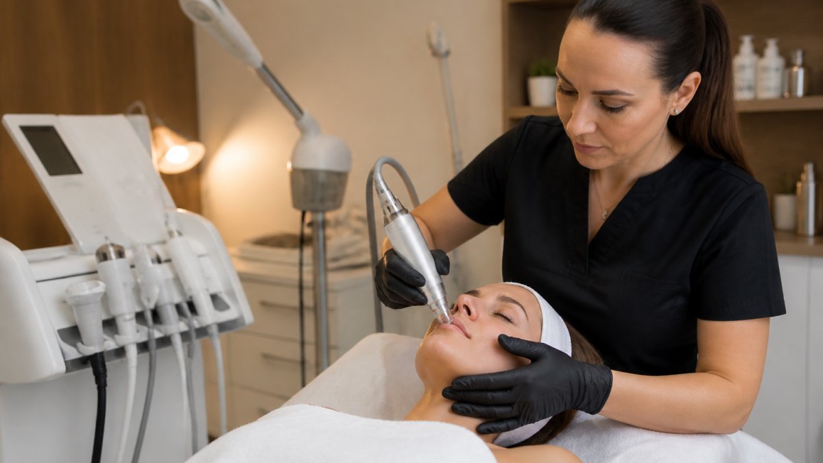 Professional esthetician performing advanced facial treatment on client in modern spa room with soft warm lighting and clean treatment bed