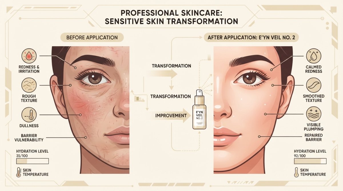 Close-up of glowing, plump skin showing improved texture and reduced redness after applying professional barrier repair serum, with natural soft lighting highlighting skin radiance