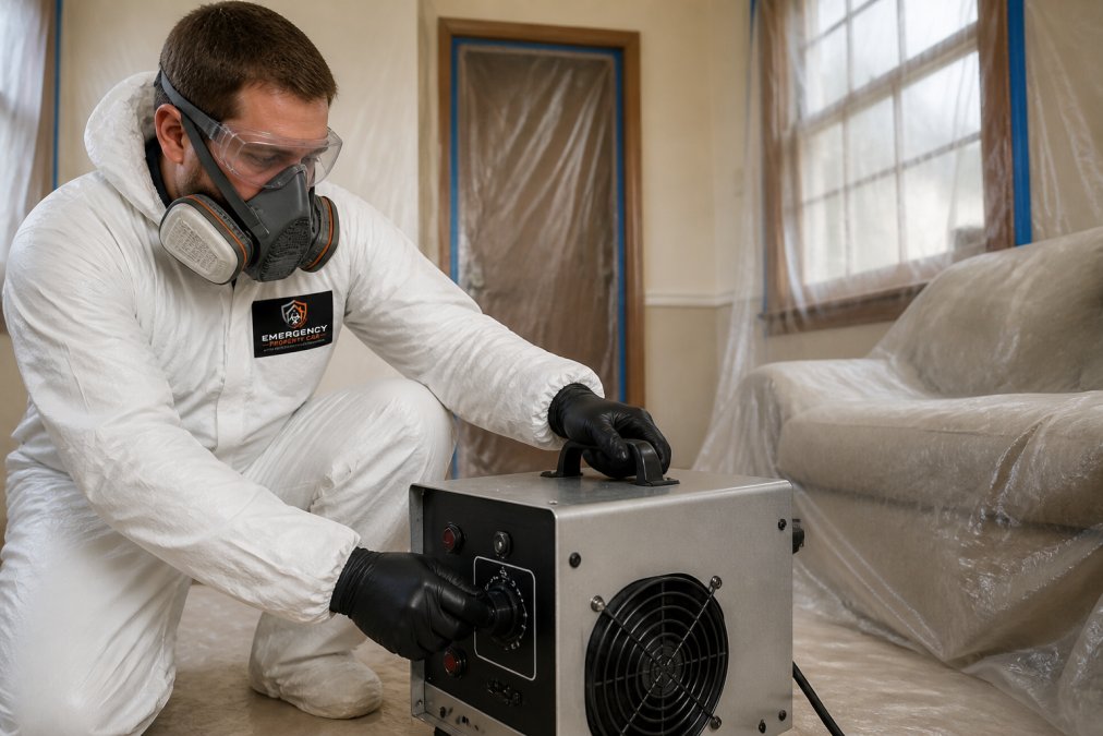 Professional restoration technician in protective equipment (respirator, gloves, safety glasses) operating an industrial ozone generator in a sealed residential room with plastic sheeting over doorways and windows