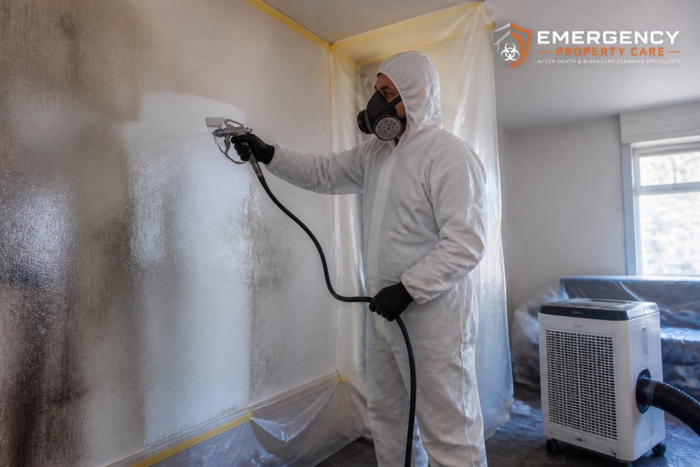 Specialist technician applying encapsulation primer to smoke-damaged wall surfaces with professional spray equipment, wearing protective gear in a residential interior with plastic dust sheeting