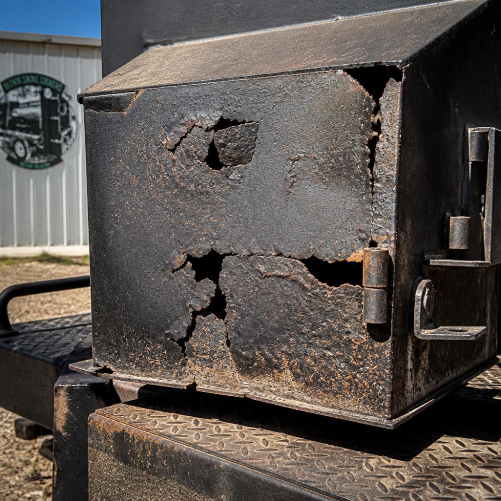 Close-up of a steel smoker firebox showing visible rust holes, heat cracks, and warping on the metal surface under bright outdoor lighting