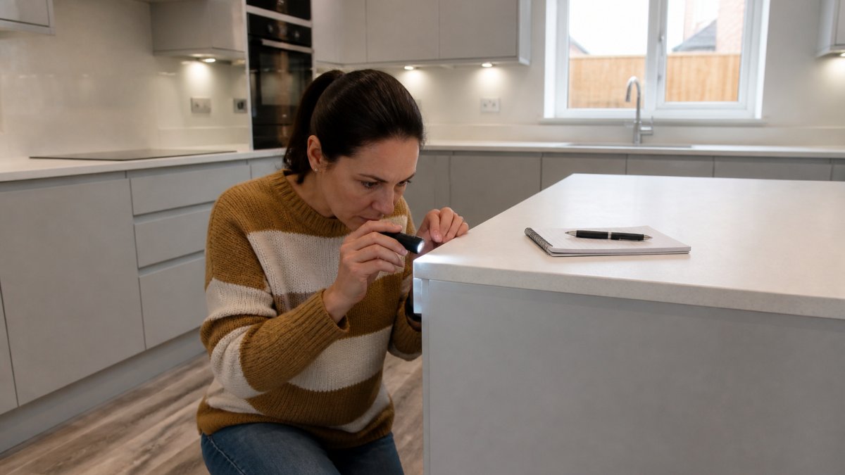 A homeowner in a bright, newly finished kitchen inspecting a worktop edge with a small torch, notebook and pen resting on the counter beside them, fresh units and sealed flooring visible in the background