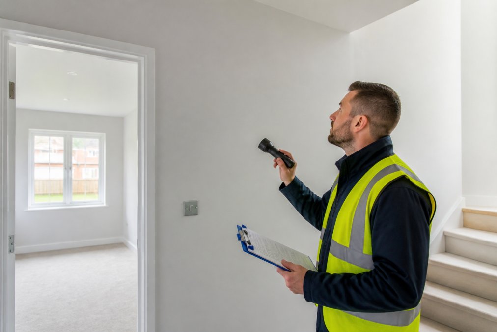Qualified surveyor in high-visibility jacket examining new build interior walls and fixtures with clipboard and camera, inspecting plasterwork and paint finish quality in bright daylight