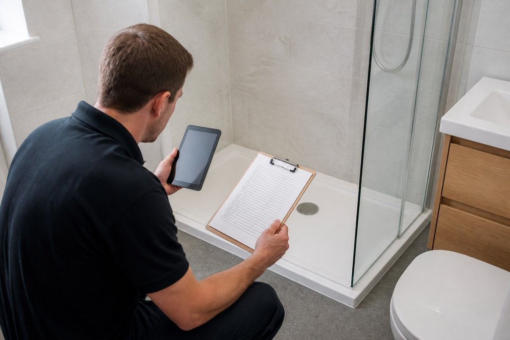 Homeowner conducting self-inspection of new build bathroom with tablet device, checking shower tray, tiles, and fixtures against a printed checklist in natural bathroom lighting