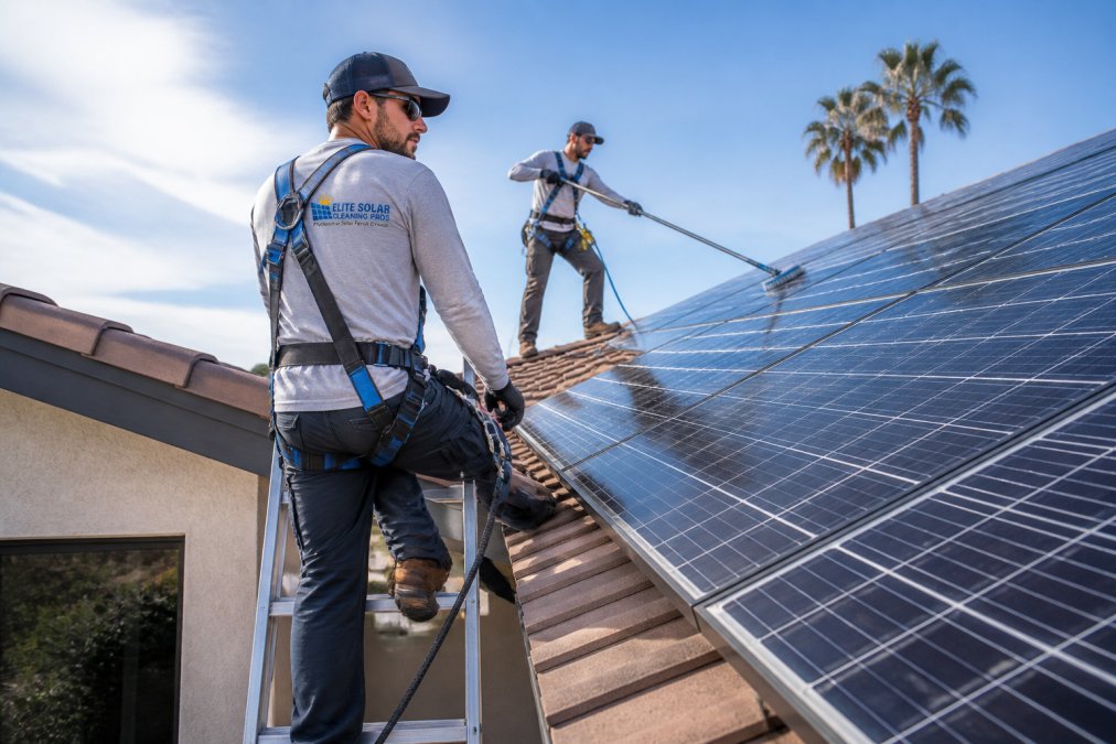A homeowner wearing a safety harness standing on a ladder next to a rooftop solar array, with a professional cleaner in the background using a water-fed pole, bright afternoon light