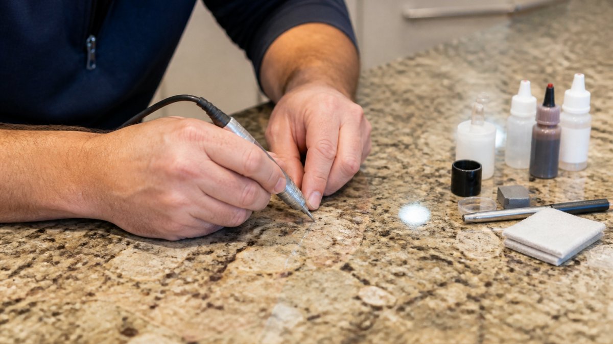 Professional technician's hands carefully working on a granite countertop with specialized stone repair tools, demonstrating detailed chip repair technique under bright task lighting