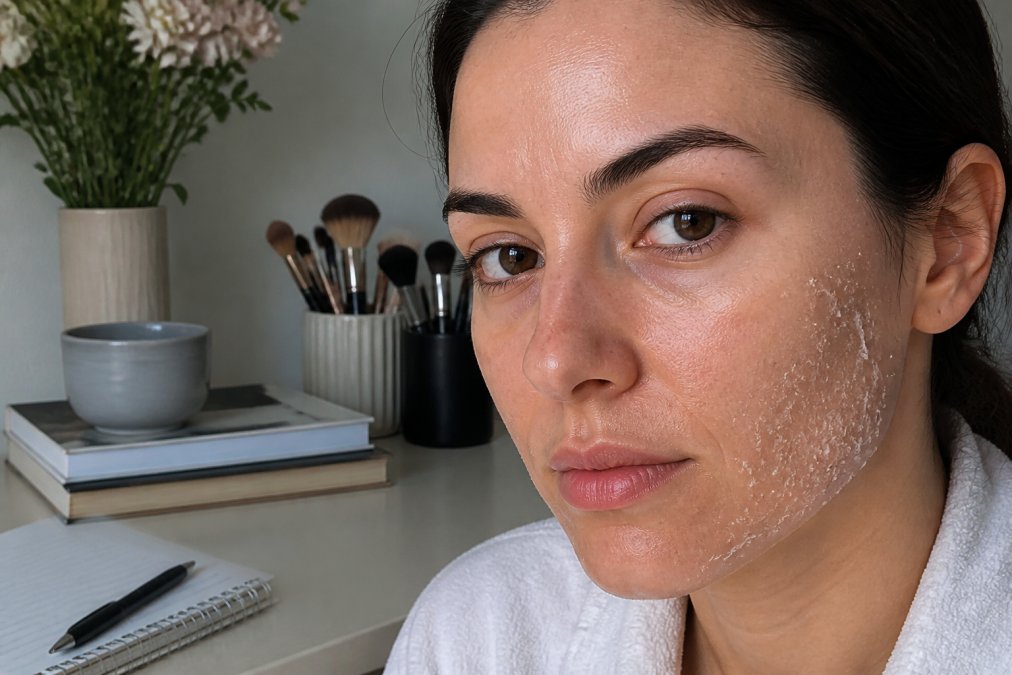 Close-up of a woman's face with visible light flaking around the cheeks and jawline, soft natural lighting, neutral background, looking calmly at the camera