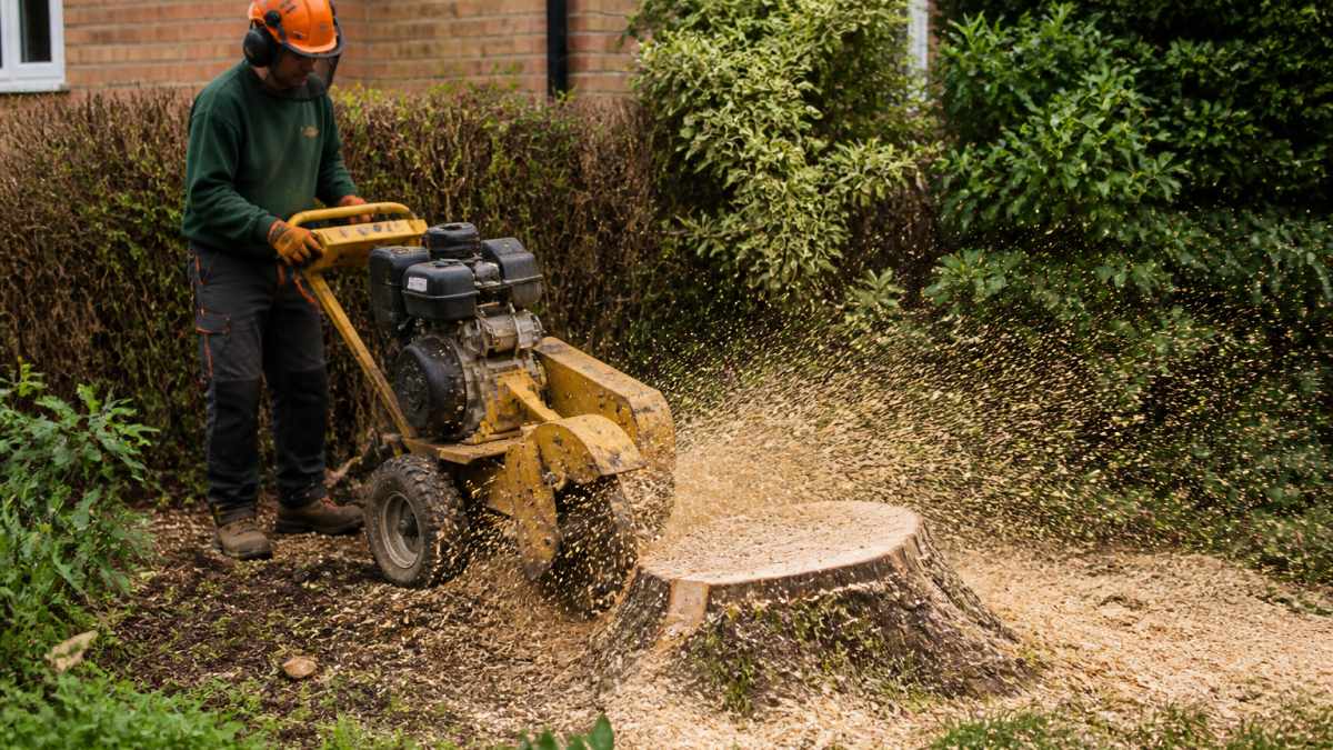 Professional arborist operating a stump grinder in a residential garden, grinding down a tree stump with wood chips spraying outward, demonstrating the practical action of professional stump grinding in progress