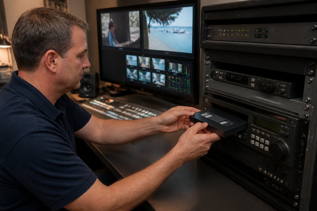 Professional technician in modern digitisation workstation carefully threading a VHS tape into broadcast-quality transfer equipment, with multiple monitoring displays showing video playback in soft studio lighting