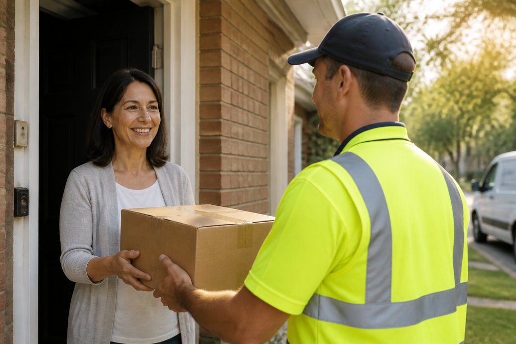 A delivery driver in a branded high-visibility polo shirt and reflective vest handing a parcel to a smiling customer at a residential doorstep, morning light