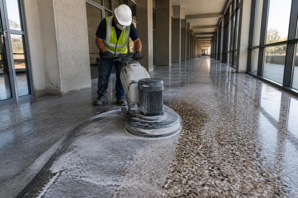 A professional technician in safety gear operating a large diamond grinding machine on a wet terrazzo floor in a commercial building hallway, with visible slurry on the surface and a colorful marble chip aggregate pattern emerging as the machine passes