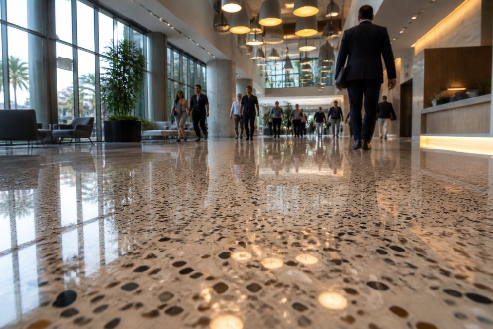 Wide-angle view of a gleaming high-gloss terrazzo floor in a busy Florida commercial building lobby, with a colorful marble chip aggregate pattern clearly visible reflecting overhead pendant lighting, people walking through the space