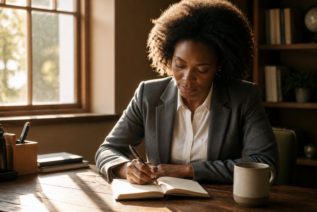Professional sitting at wooden desk with notebook, pen, and warm coffee cup, composing a thank you note with focused expression and natural window lighting