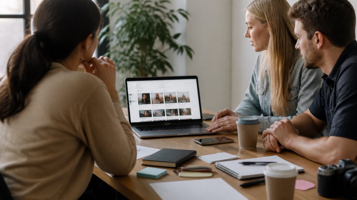 Marketing team reviewing TikTok analytics and performance metrics on a laptop screen during a strategy meeting in a modern office with natural lighting