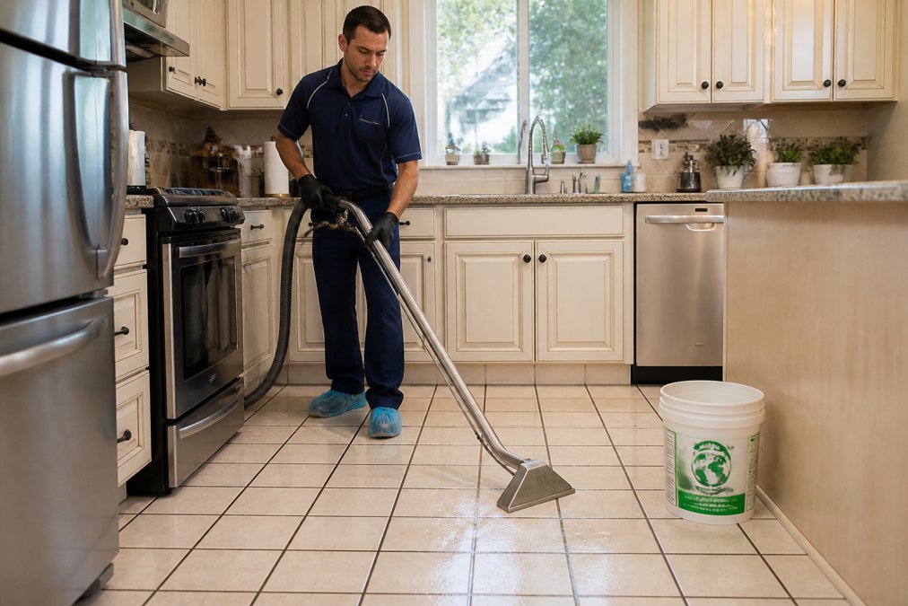 A uniformed technician using a high-pressure extraction wand on a tiled kitchen floor, with visible clean grout lines and a bucket of green-certified cleaning solution nearby