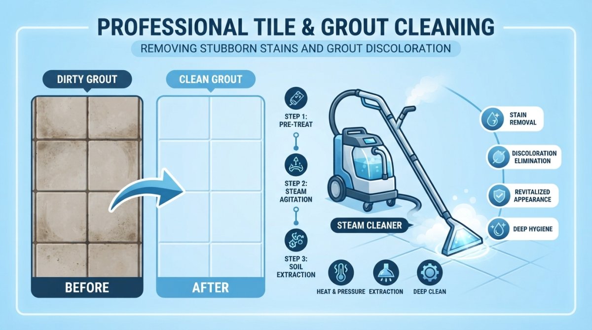 Professional steam cleaning equipment removing dark discolored grout stains from tile floor, revealing bright white grout lines beneath