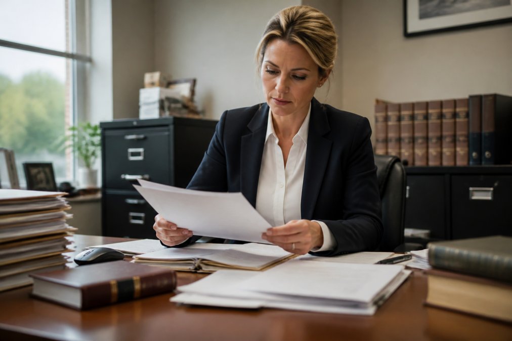 Professional in business attire reviewing property documents and public records at desk with computer, filing cabinets and legal reference materials visible in background, morning natural lighting