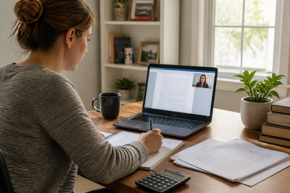 Student focused on laptop screen during online training session, taking handwritten notes with coffee cup nearby, legal documents visible on screen, home office setting with natural window lighting
