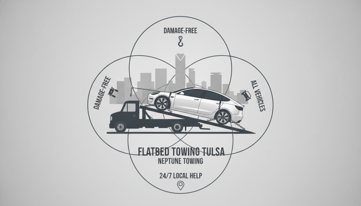 Flatbed tow truck with hydraulic ramps lowered, a white Tesla Model 3 being winched smoothly onto the bed with safety chains and straps securing all four corners, downtown Tulsa skyline in background