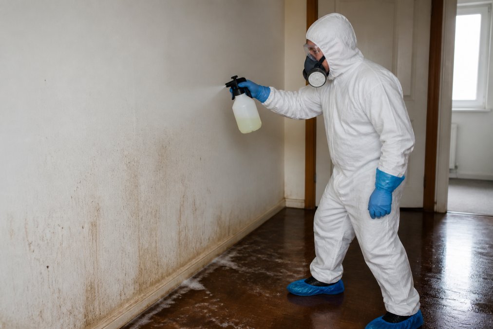 Professional technician in full personal protective equipment including double gloves, respirator mask, protective suit, and boot covers, carefully spraying disinfectant on a residential wall with methodical precision