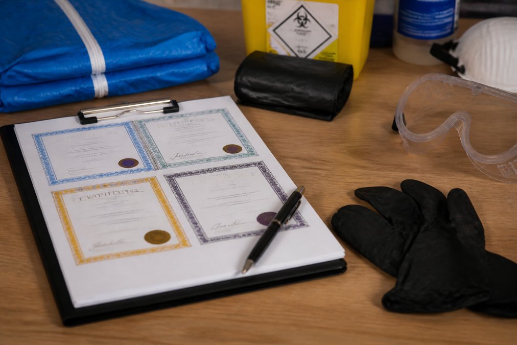 Close-up of professional credentials including BDMA membership certificate, waste carrier licence, public liability insurance certificate, and biohazard training qualification displayed on a clipboard with a pen