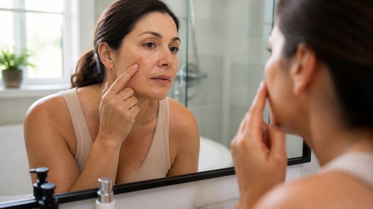 A woman in her 40s examining her face in a bathroom mirror, touching a small dark spot on her cheek, with natural window light illuminating her skin