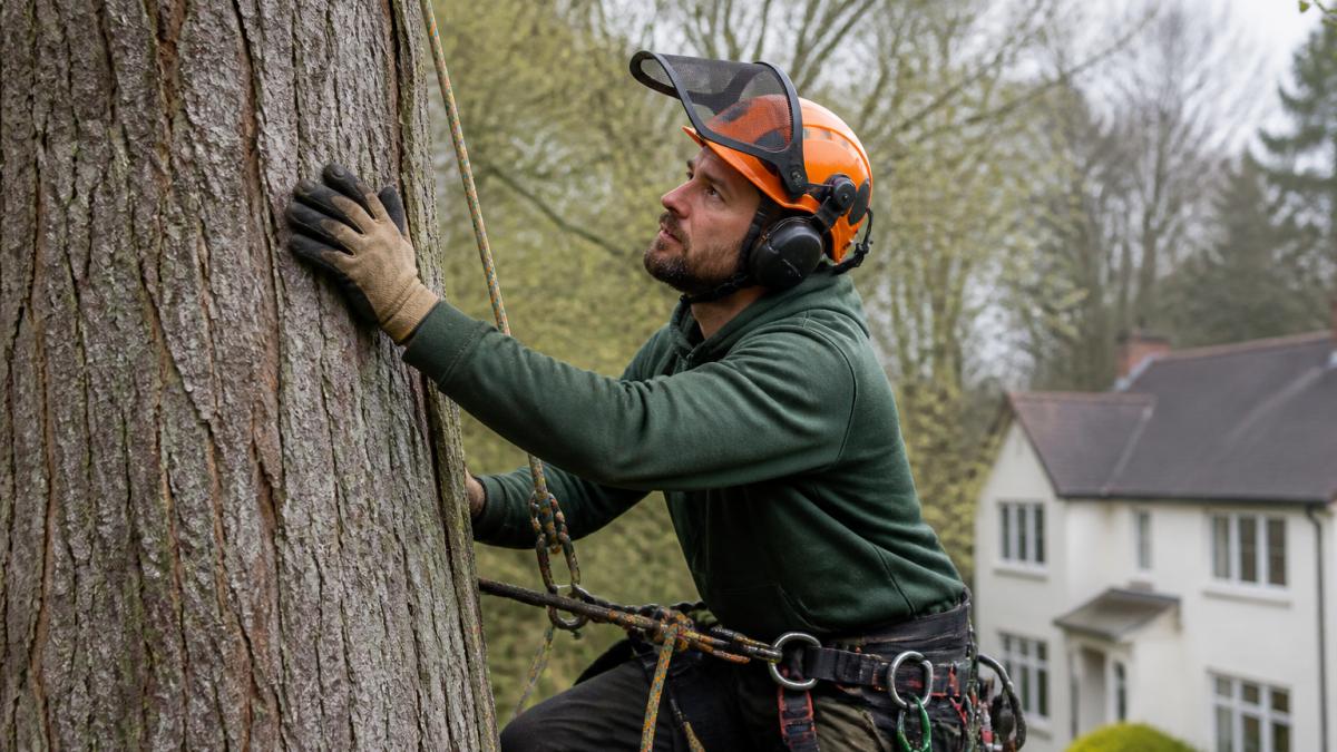 Professional tree surgeon in safety harness and helmet examining a large tree trunk up close, with climbing equipment and rope visible, residential property visible in background