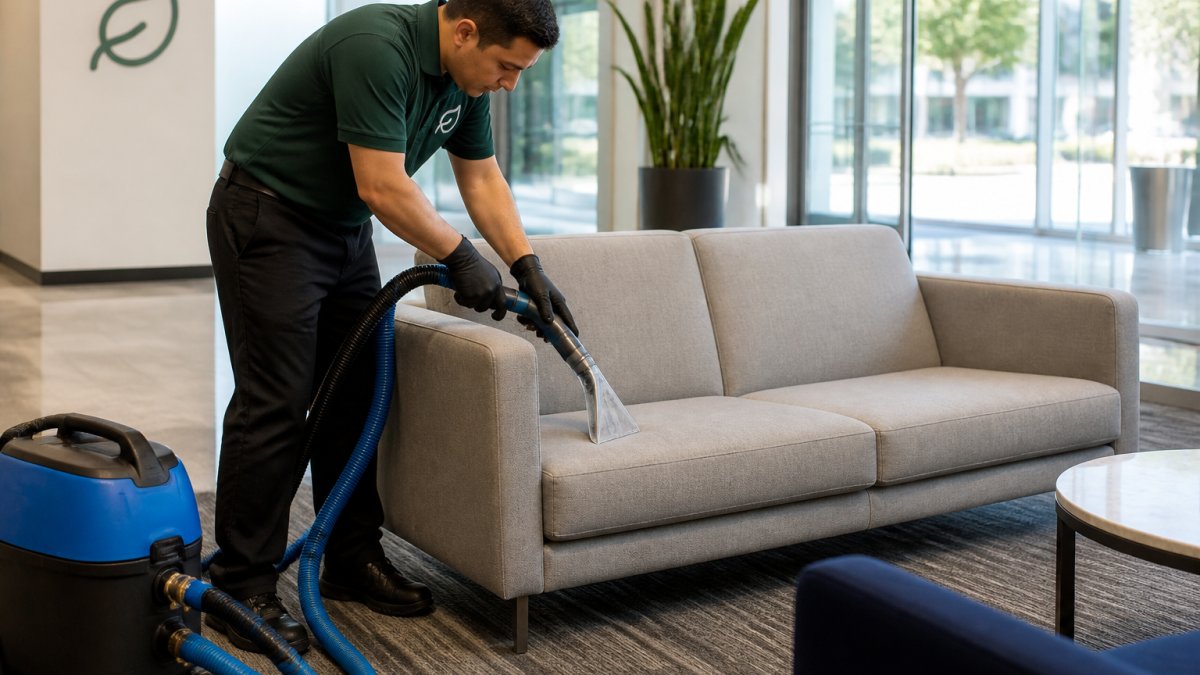Cleaning technician using a hot water extraction wand for upholstery cleaning on a commercial office sofa