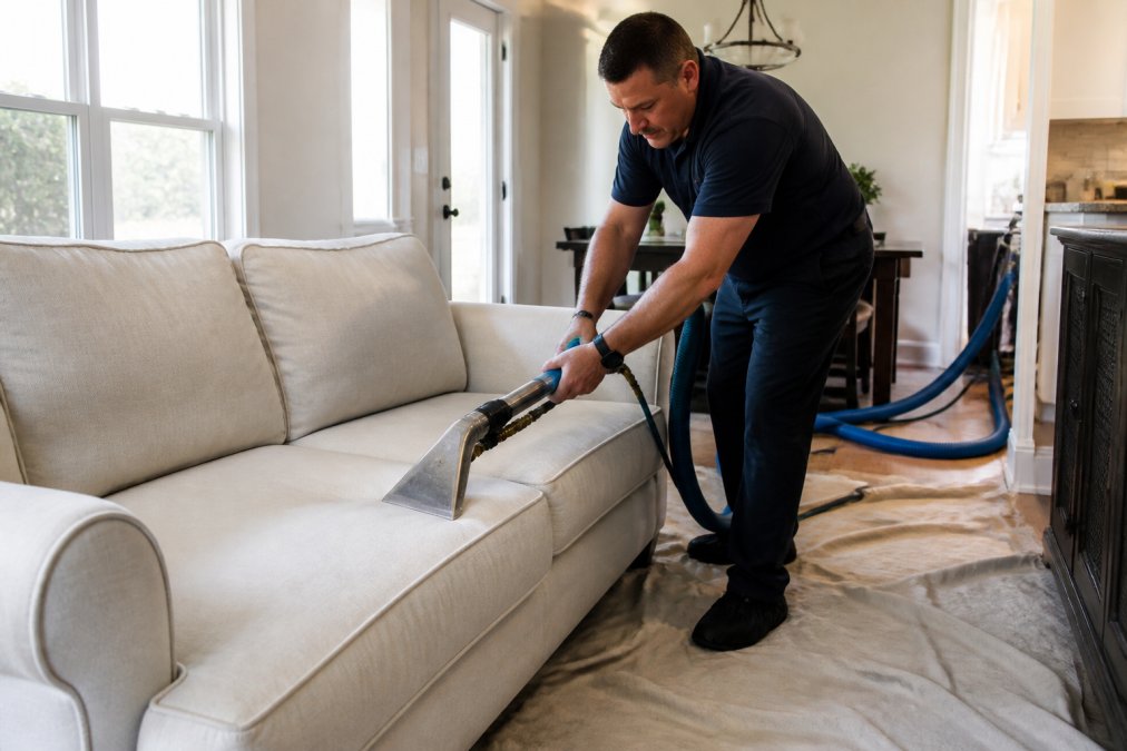A professional technician in uniform using a truck-mounted hot water extraction wand on a light-colored fabric sofa in a bright family living room, with a protective drop cloth on the floor