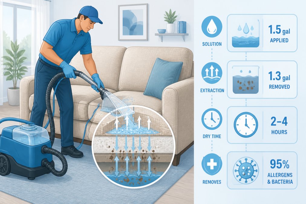 Professional technician using hot water extraction equipment with hose and spray nozzle on beige upholstered sofa, showing water and cleaning solution being applied and extracted, modern living room setting with natural window lighting