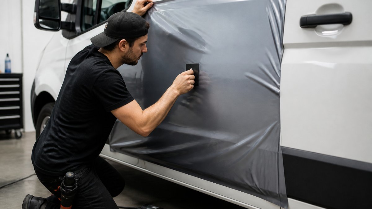 A technician in a clean shop carefully squeegeeing a large vinyl film panel onto the side of a white commercial van, with a heat gun nearby and a clean vehicle surface visible