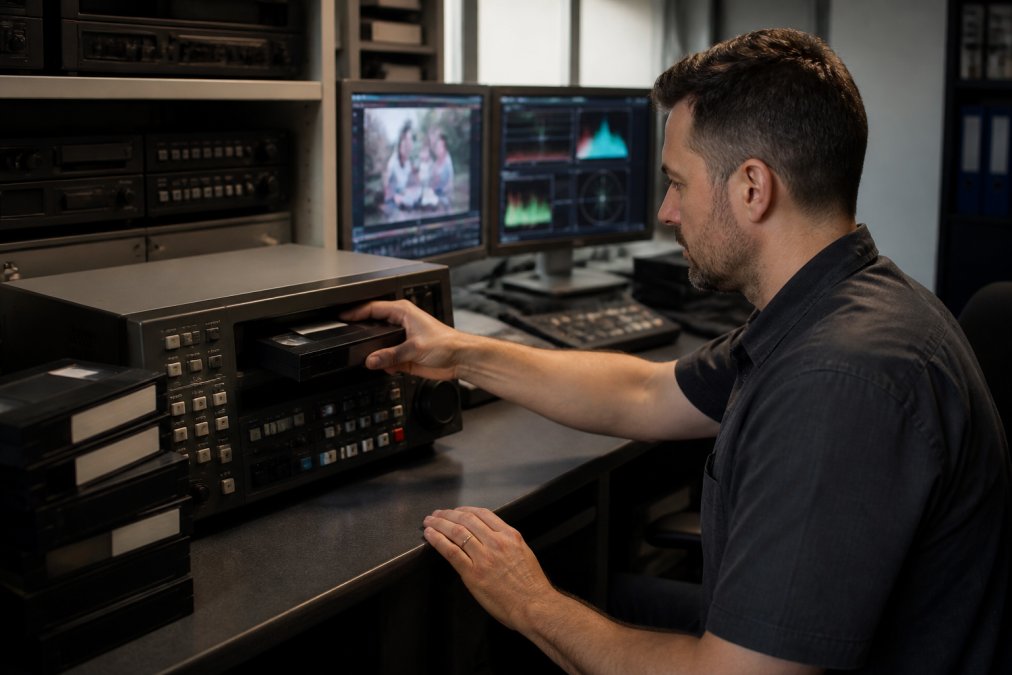 Professional technician carefully inserting a vintage VHS tape into professional-grade conversion equipment at a workstation, with dual monitors displaying video signal waveforms and colour correction software in a climate-controlled media transfer facility