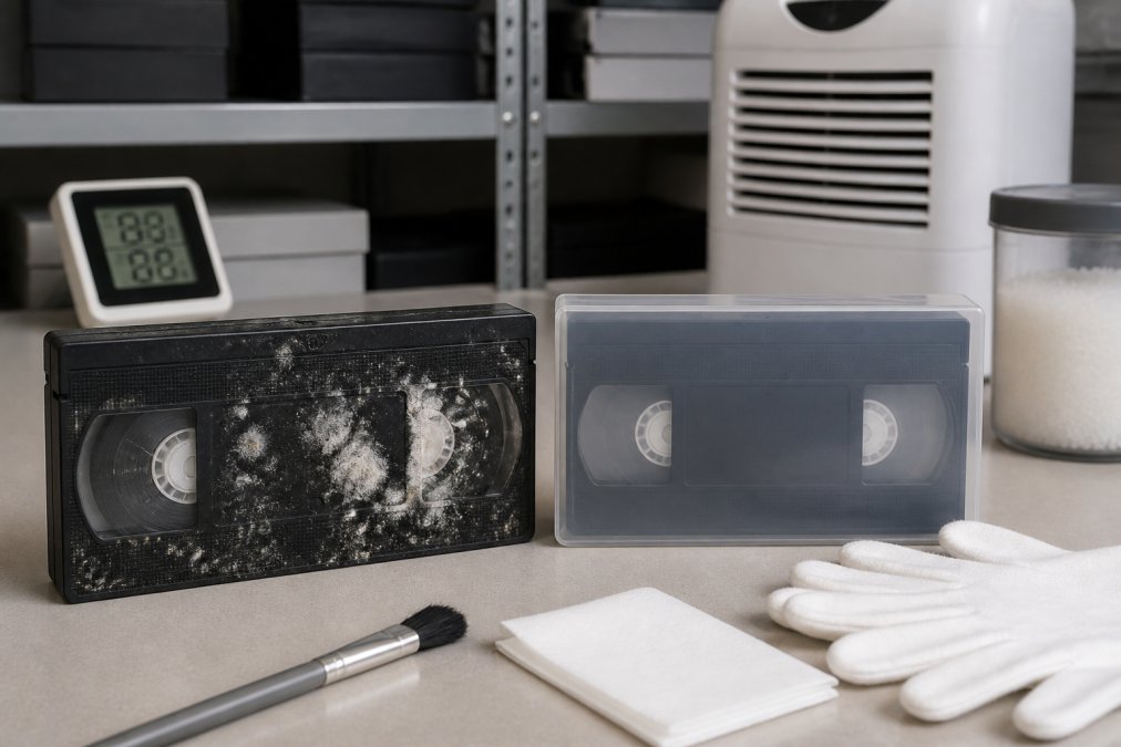Close-up of a damaged VHS tape with visible mould growth and discolouration next to a properly preserved tape in archival-grade protective casing, both displayed in a climate-controlled storage environment with humidity monitor and thermometer visible