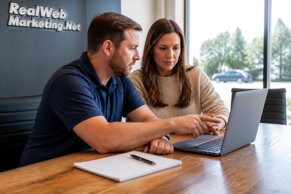 Marketing manager and business owner reviewing video marketing performance metrics on a laptop in a conference room.