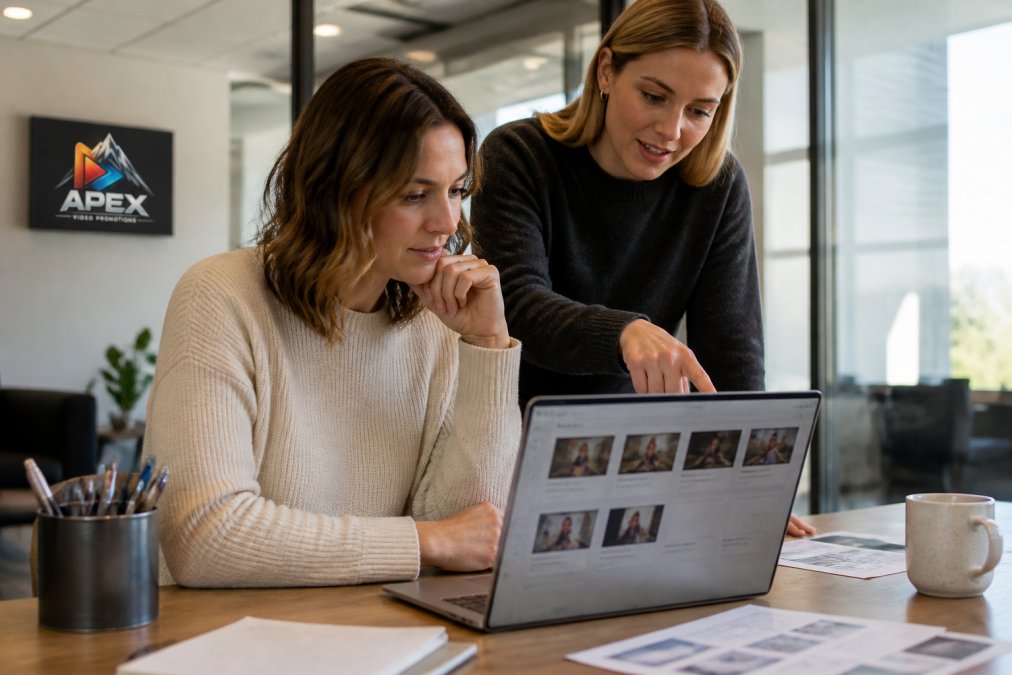 A marketing manager reviewing a video storyboard on a laptop in a bright modern office, with a colleague pointing at the screen and discussing creative direction
