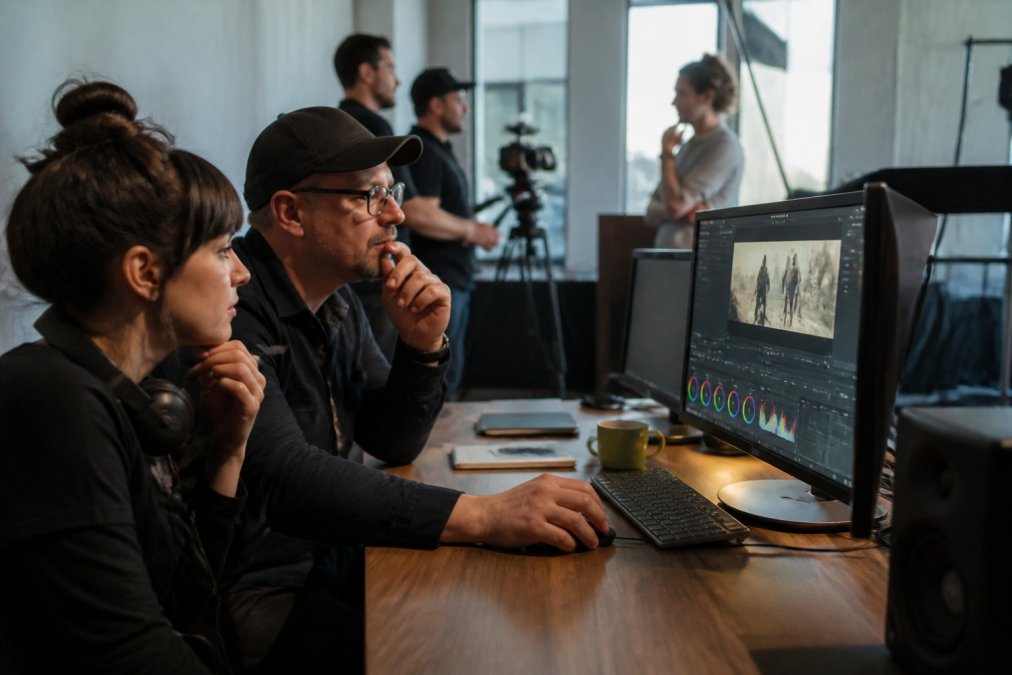 Professional videographer and creative director reviewing footage on high-resolution monitors in a modern production studio, with team members collaborating in the background