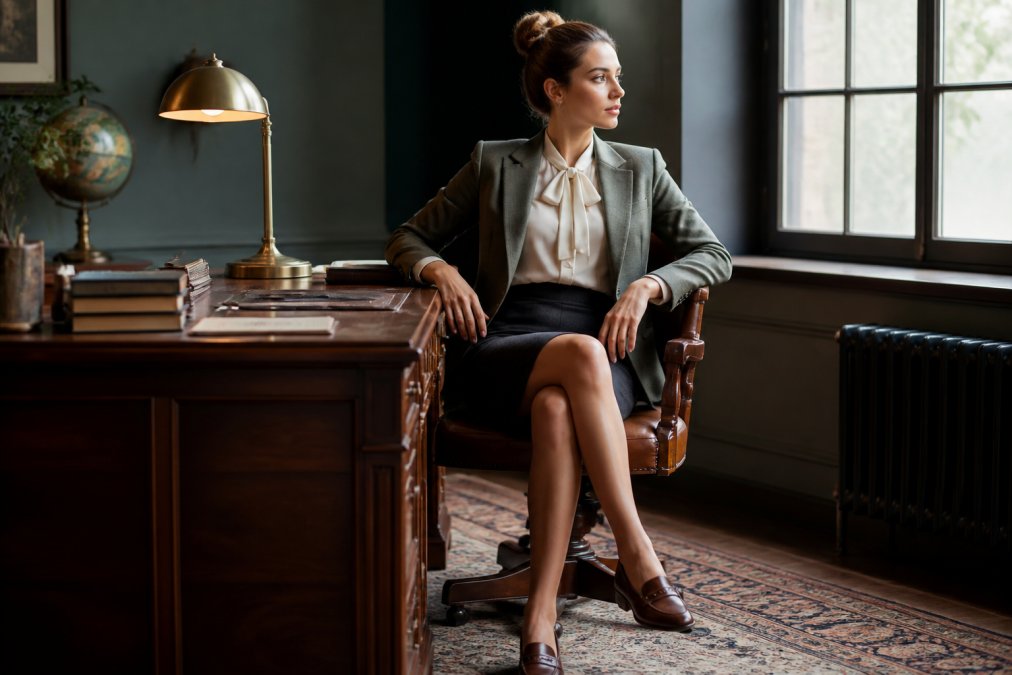 Professional woman in an office setting wearing a tailored vintage-inspired blouse tucked into a pencil skirt with structured blazer and leather loafers, seated at a desk with natural window lighting and confident posture