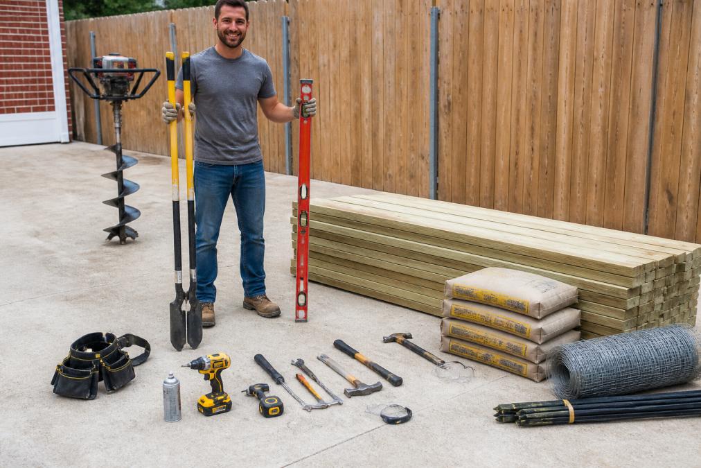 Homeowner holding a post-hole digger and level next to stacked fence materials and tools laid out on a driveway, with a power auger visible in the background and concrete bags stacked nearby