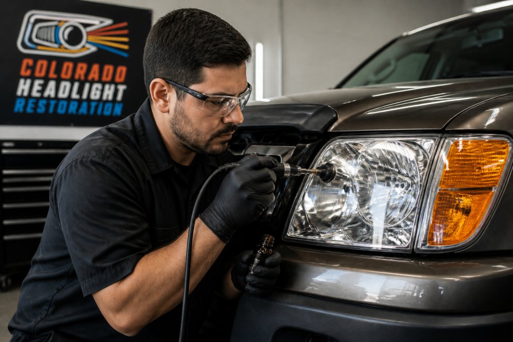 Professional technician carefully applying ceramic sealant to a polished headlight lens using precision equipment in bright workshop lighting, showing the glossy restored surface
