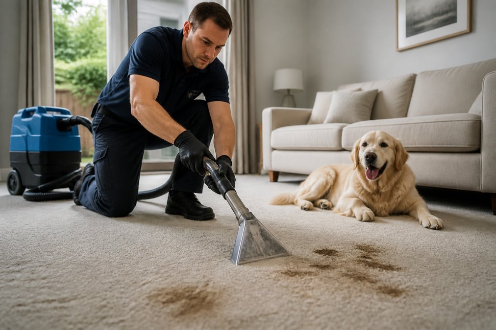 A professional carpet cleaning technician using a hot water extraction machine on a pet-stained carpet in a bright living room, with a focused expression and professional equipment visible